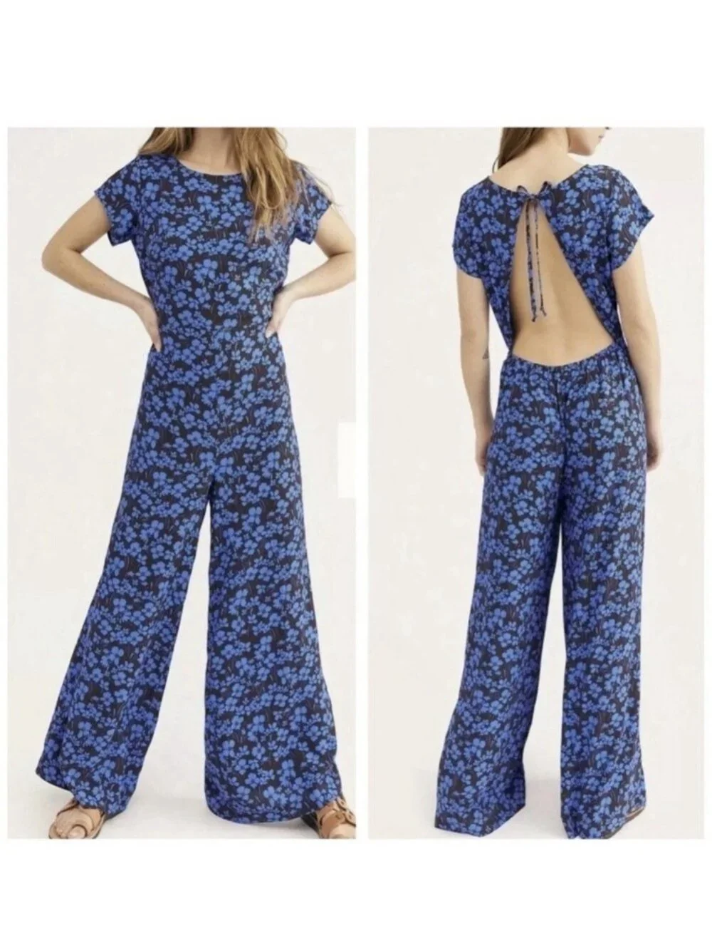 Free People Hailee Jumpsuit Blue Brown Floral Open Back Wide Leg S